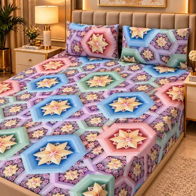 Elegant 3 Pcs Micro Cotton Printed 9D Double Bedsheet