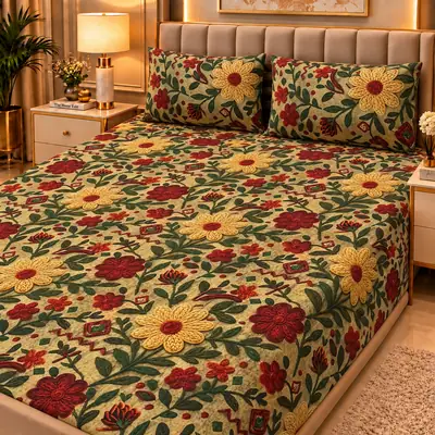 Elegant 3 Pcs Micro Cotton Printed 9D Double Bedsheet