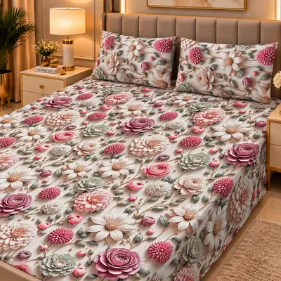Elegant 3 Pcs Micro Cotton Printed 9D Double Bedsheet