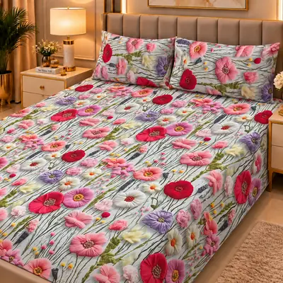Elegant 3 Pcs Micro Cotton Printed 9D Double Bedsheet