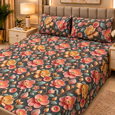 Elegant 3 Pcs Micro Cotton Printed 9D Double Bedsheet