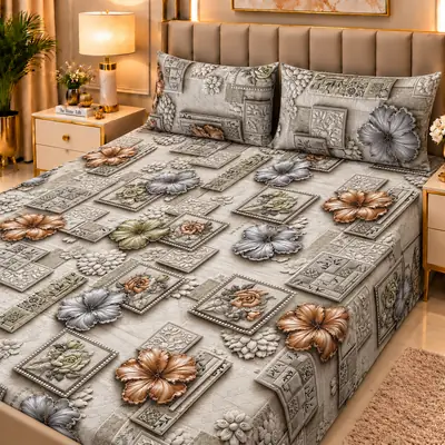 Elegant 3 Pcs Micro Cotton Printed 9D Double Bedsheet
