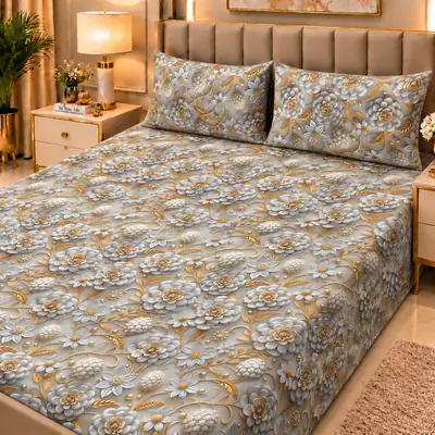 Elegant 3 Pcs Micro Cotton Printed 9D Double Bedsheet