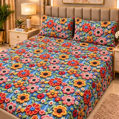 Elegant 3 Pcs Micro Cotton Printed 9D Double Bedsheet