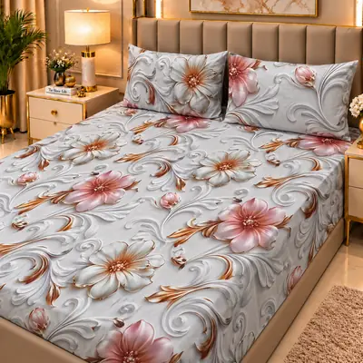 Elegant 3 Pcs Micro Cotton Printed 9D Double Bedsheet