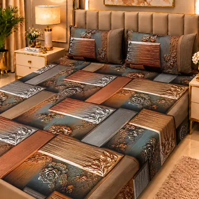 Elegant 3 Pcs Micro Cotton Printed 9D Double Bedsheet