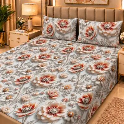 Elegant 3 Pcs Micro Cotton Printed 9D Double Bedsheet