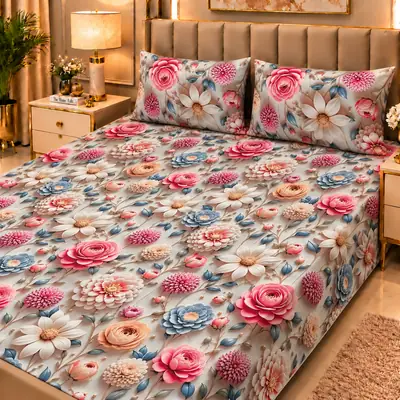 Elegant 3 Pcs Micro Cotton Printed 9D Double Bedsheet