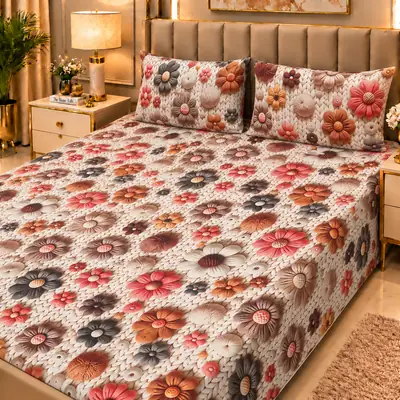 Elegant 3 Pcs Micro Cotton Printed 9D Double Bedsheet