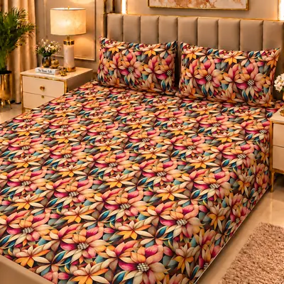 Elegant 3 Pcs Micro Cotton Printed 9D Double Bedsheet