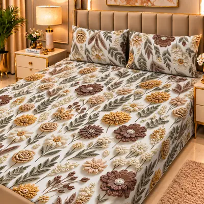 Elegant 3 Pcs Micro Cotton Printed 9D Double Bedsheet