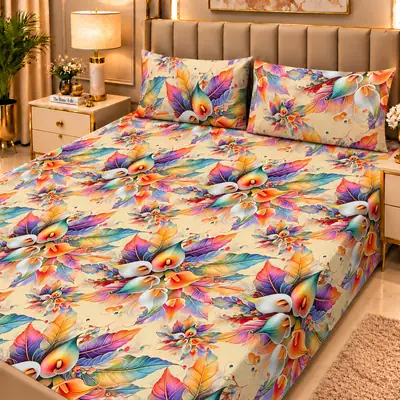 Elegant 3 Pcs Micro Cotton Printed 9D Double Bedsheet