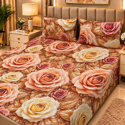 Elegant 3 Pcs Micro Cotton Printed 9D Double Bedsheet