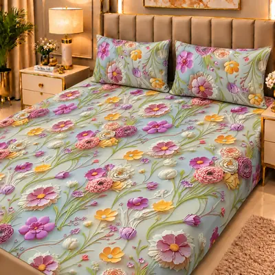 Elegant 3 Pcs Micro Cotton Printed 9D Double Bedsheet