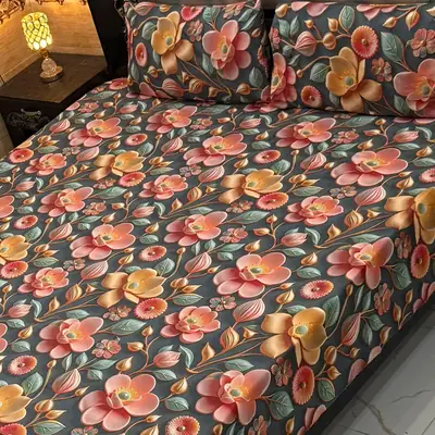 Vibrant 3 Pcs Micro Cotton Printed 9D Double Bedsheet