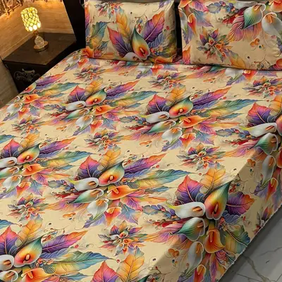 Vibrant 3 Pcs Micro Cotton Printed 9D Double Bedsheet