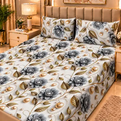 Elegant 3 Pcs Micro Cotton Printed 9D Double Bedsheet