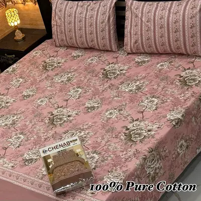 Classic 3 Pcs 100% Pure Cotton Printed Double Bedsheet