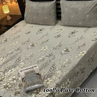 Classic 3 Pcs 100% Pure Cotton Printed Double Bedsheet