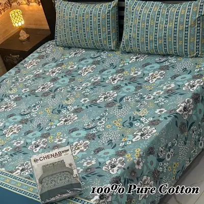 Classic 3 Pcs 100% Pure Cotton Printed Double Bedsheet
