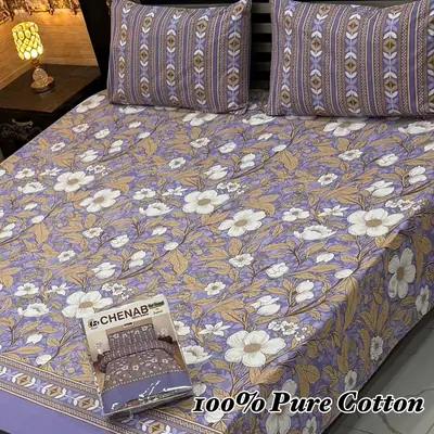 Classic 3 Pcs 100% Pure Cotton Printed Double Bedsheet