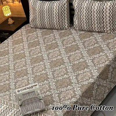 Classic 3 Pcs 100% Pure Cotton Printed Double Bedsheet
