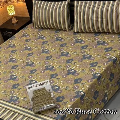 Classic 3 Pcs 100% Pure Cotton Printed Double Bedsheet