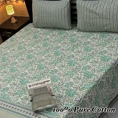 Classic 3 Pcs 100% Pure Cotton Printed Double Bedsheet
