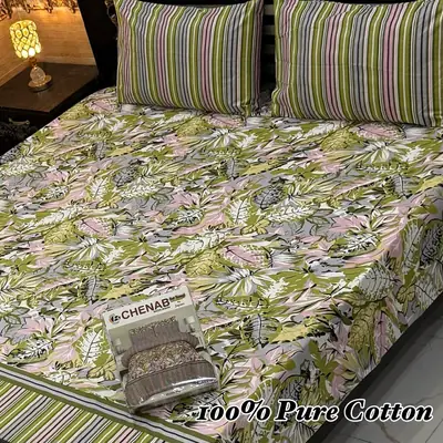 Classic 3 Pcs 100% Pure Cotton Printed Double Bedsheet