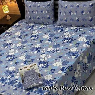 Classic 3 Pcs 100% Pure Cotton Printed Double Bedsheet