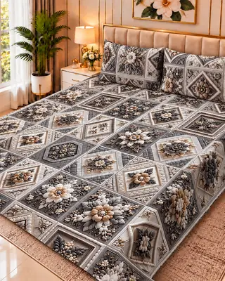 Exclusive 3 Pcs Micro Cotton Printed 9D Double Bedsheet