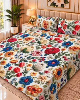 Exclusive 3 Pcs Micro Cotton Printed 9D Double Bedsheet