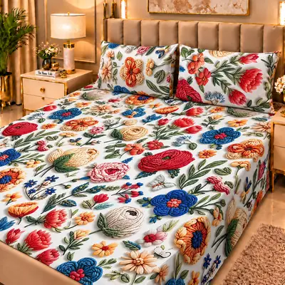 Elegant 3 Pcs Micro Cotton Printed 9D Double Bedsheet