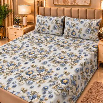 Elegant 3 Pcs Micro Cotton Printed 9D Double Bedsheet