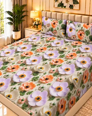 Exclusive 3 Pcs Micro Cotton Printed 9D Double Bedsheet