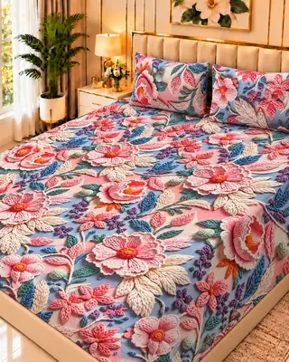 Exclusive 3 Pcs Micro Cotton Printed 9D Double Bedsheet