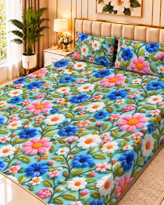 Exclusive 3 Pcs Micro Cotton Printed 9D Double Bedsheet