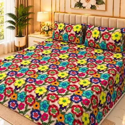 Exclusive 3 Pcs Micro Cotton Printed 9D Double Bedsheet