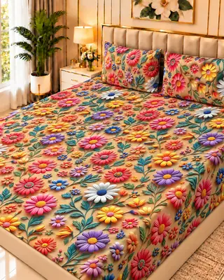 Exclusive 3 Pcs Micro Cotton Printed 9D Double Bedsheet