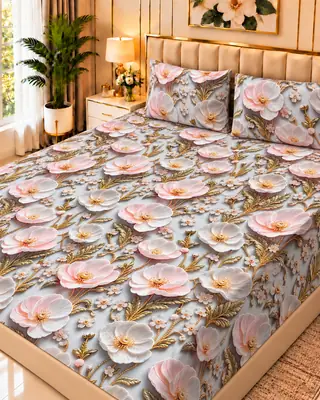 Exclusive 3 Pcs Micro Cotton Printed 9D Double Bedsheet