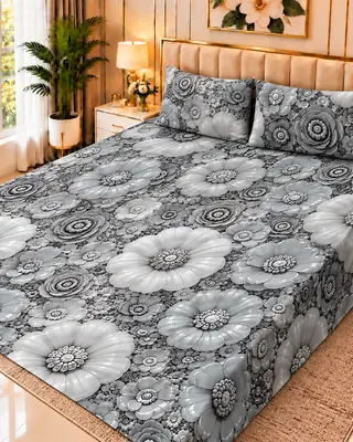 Exclusive 3 Pcs Micro Cotton Printed 9D Double Bedsheet