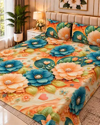 Exclusive 3 Pcs Micro Cotton Printed 9D Double Bedsheet