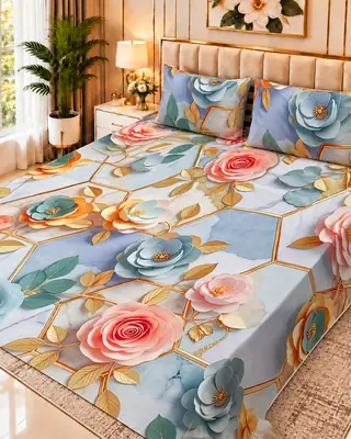 Exclusive 3 Pcs Micro Cotton Printed 9D Double Bedsheet
