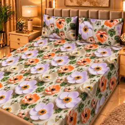 Elegant 3 Pcs Micro Cotton Printed 9D Double Bedsheet