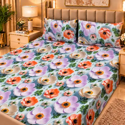 Elegant 3 Pcs Micro Cotton Printed 9D Double Bedsheet