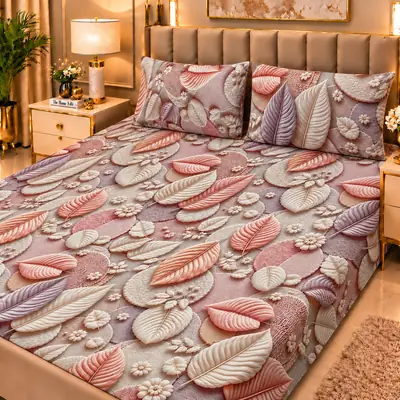 Elegant 3 Pcs Micro Cotton Printed 9D Double Bedsheet
