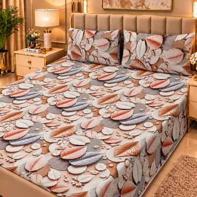 Elegant 3 Pcs Micro Cotton Printed 9D Double Bedsheet