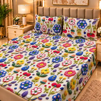 Elegant 3 Pcs Micro Cotton Printed 9D Double Bedsheet