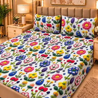 Elegant 3 Pcs Micro Cotton Printed 9D Double Bedsheet