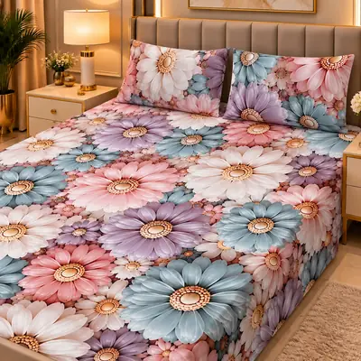 Elegant 3 Pcs Micro Cotton Printed 9D Double Bedsheet